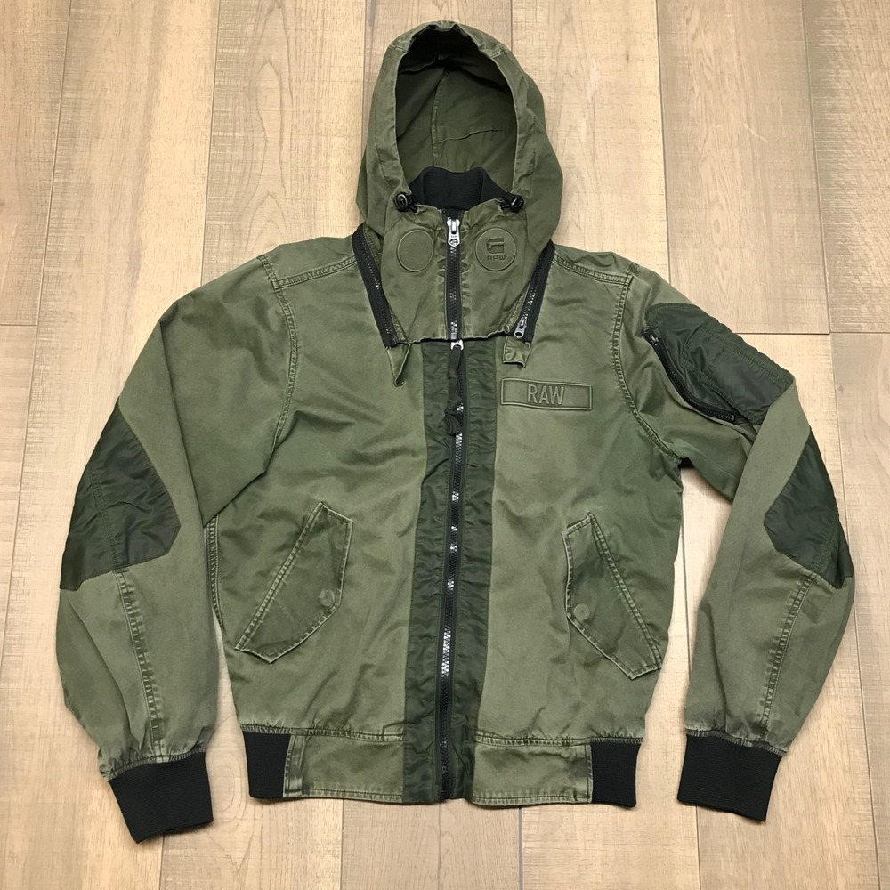 G Star Raw Bomber Jacket Mens Size S Green Submarine HDD Military Hooded Patches - Picture 1 of 16
